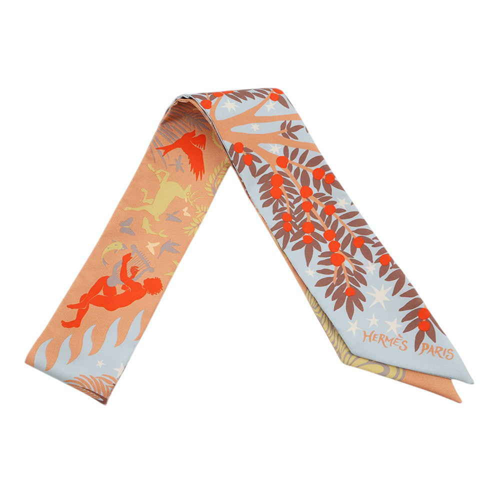 HERMES Twilly Orpheus's Charm Ciel/BeigeRose/Vermillon Silk100%