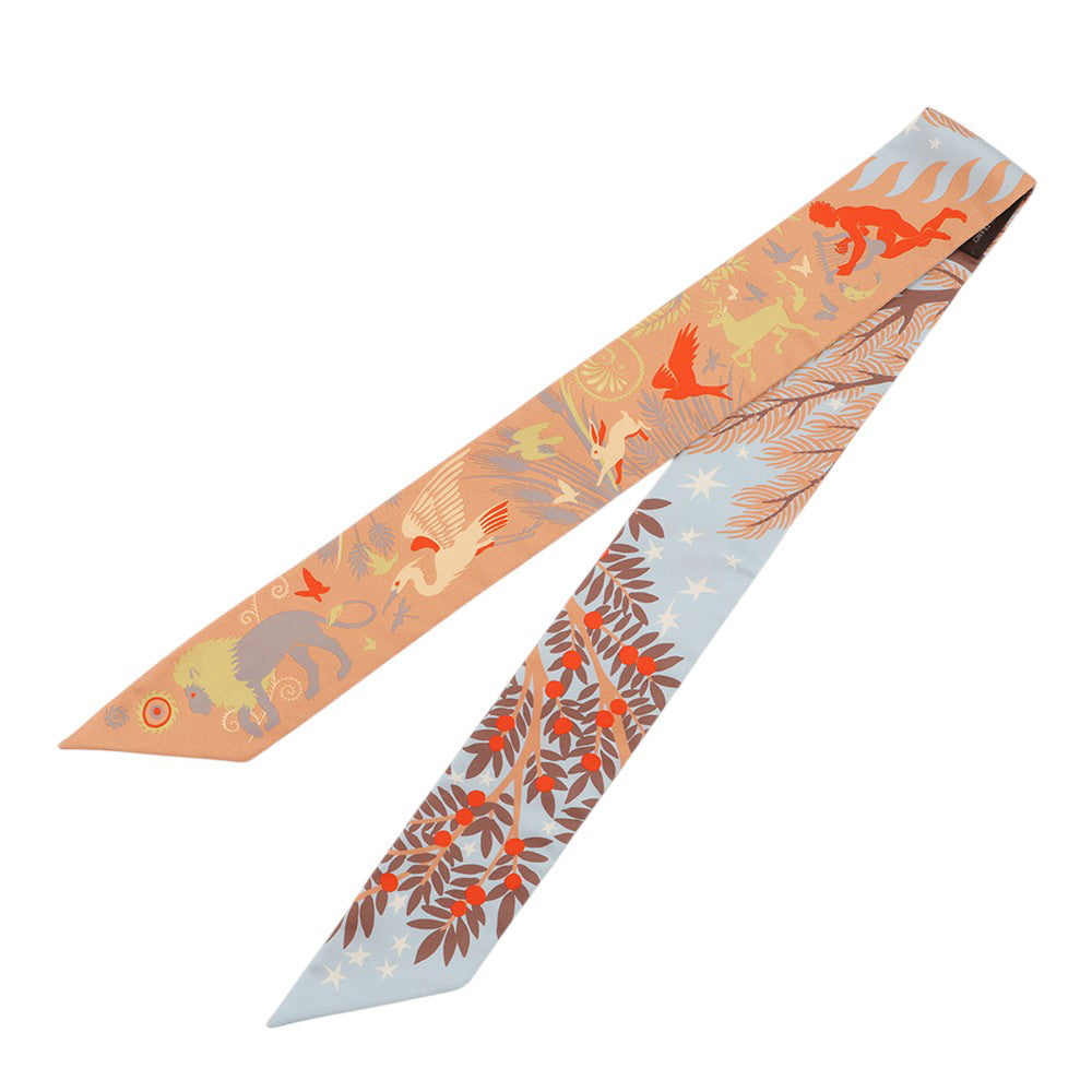 HERMES Twilly Orpheus's Charm Ciel/BeigeRose/Vermillon Silk100%
