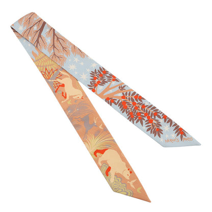 HERMES Twilly Orpheus's Charm Ciel/BeigeRose/Vermillon Silk100%