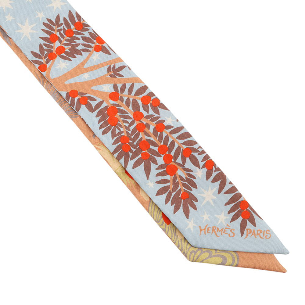HERMES Twilly Orpheus's Charm Ciel/BeigeRose/Vermillon Silk100%