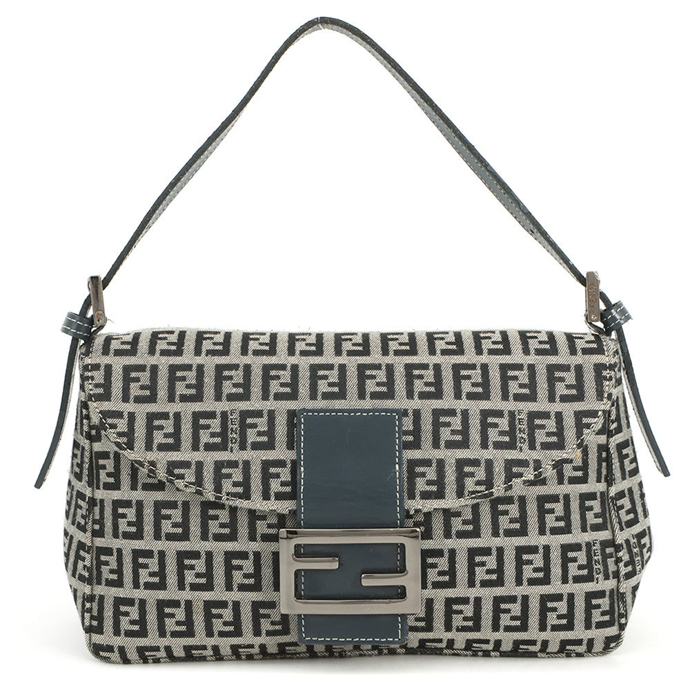 FENDI Zucchino Mamma Bucket Handbag Gray/Navy Canvas Leather