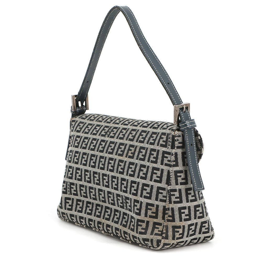 FENDI Zucchino Mamma Bucket Handbag Gray/Navy Canvas Leather