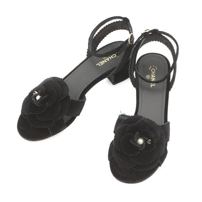 CHANEL Camellia Pointed Toe Sandals BlackG45928 Velvet Size 39C