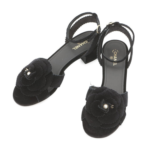 CHANEL Camellia Pointed Toe Sandals BlackG45928 Velvet Size 39C