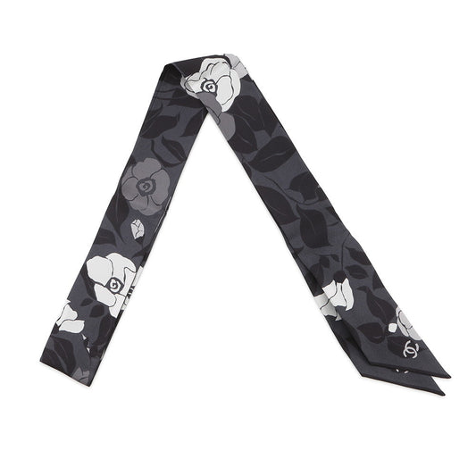 CHANEL Scarf Camellia CC Logo Gray/BlackAAB779-B23588-U8080 Silk100%