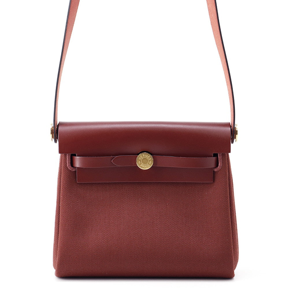 HERMES Herbag zip Rouge H Toile Military Vache Hunter Leather Size Mini