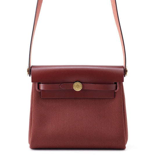 HERMES Herbag zip Rouge H Toile Military Vache Hunter Leather Size Mini