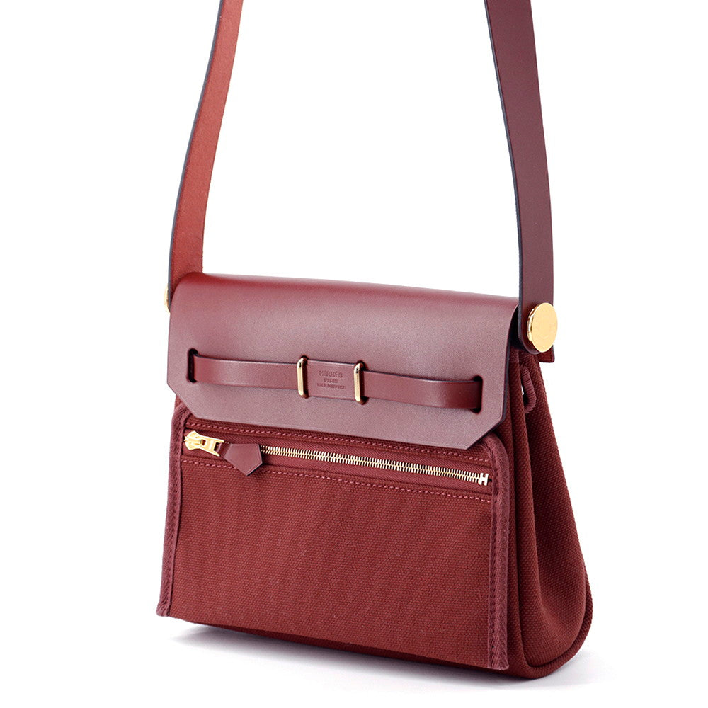 HERMES Herbag zip Rouge H Toile Military Vache Hunter Leather Size Mini