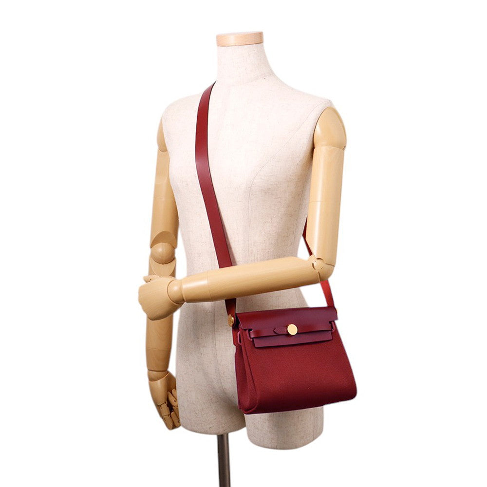HERMES Herbag zip Rouge H Toile Military Vache Hunter Leather Size Mini