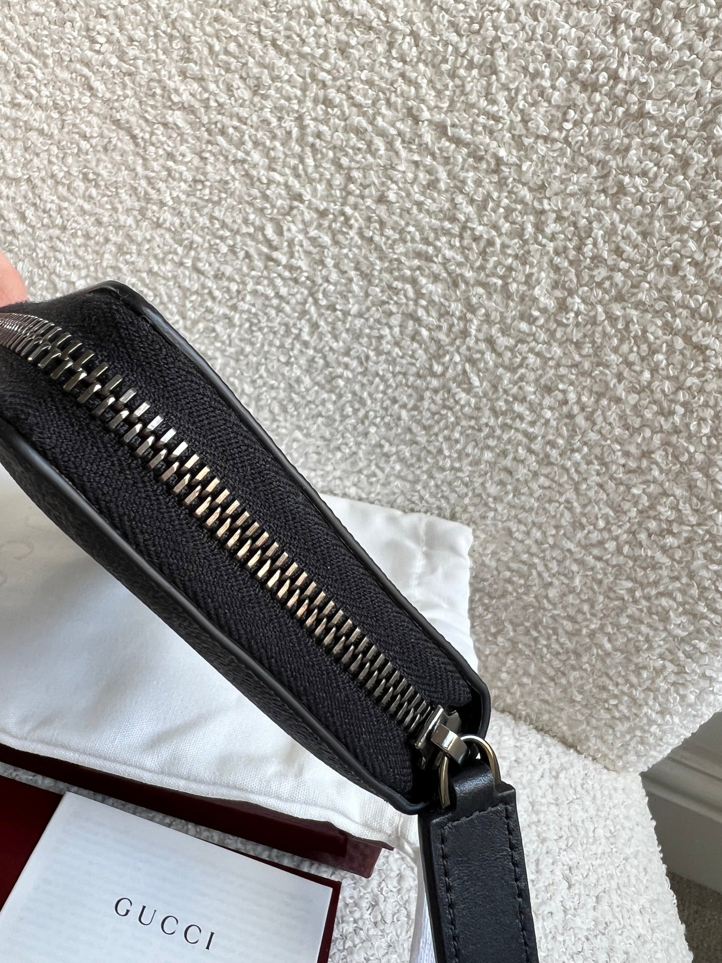 Gucci Black Grey GG Canvas zip around wallet