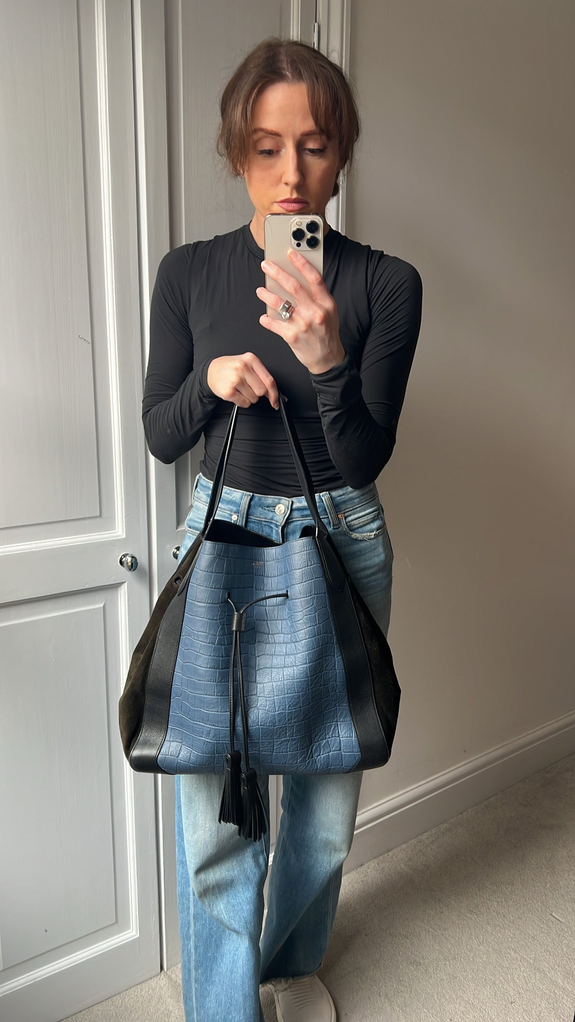 Mulberry Pale Navy Matte Croc, Silky Calf and Suede Millie Tote (£1,095)