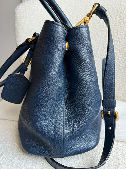 Prada Blue Vitello Daino Two Way Tote