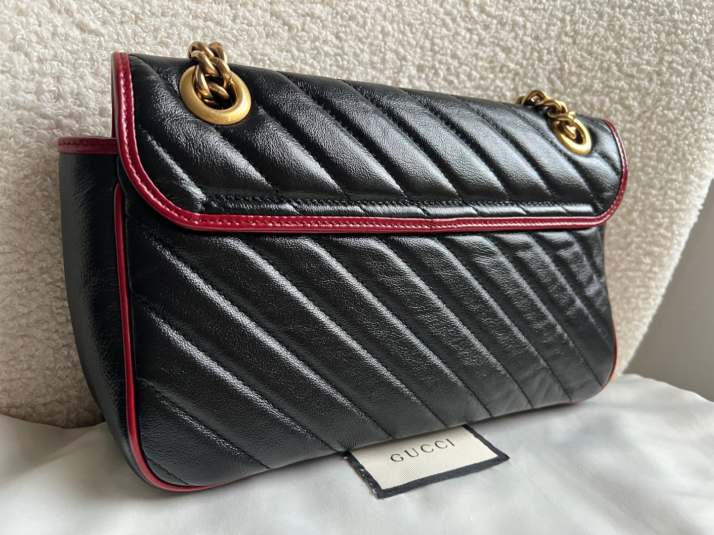 Gucci GG Black and Red Torchon Marmont Small Shoulder Bag