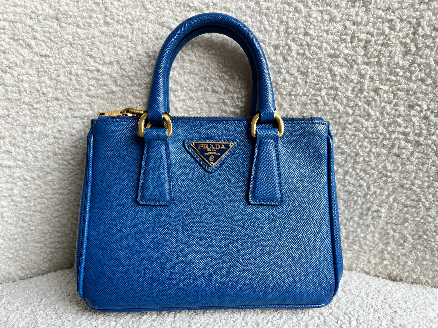 Prada Blue Saffiano Lux Leather Micro Double Zip Tote