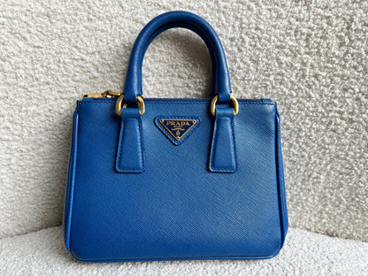 Prada Blue Saffiano Lux Leather Micro Double Zip Tote