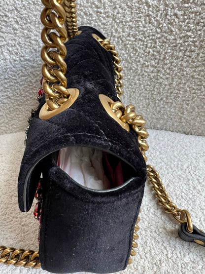 Gucci GG Black Velvet Embellished Marmont Mini Shoulder Bag