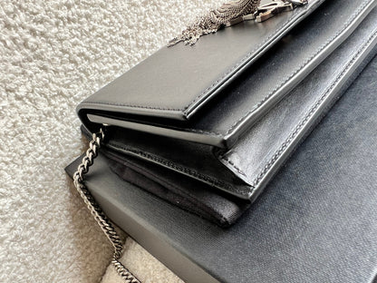 Yves Saint Laurent (YSL) Black Kate Tassel Chain Wallet Silver Hardware (RRP £1,440)