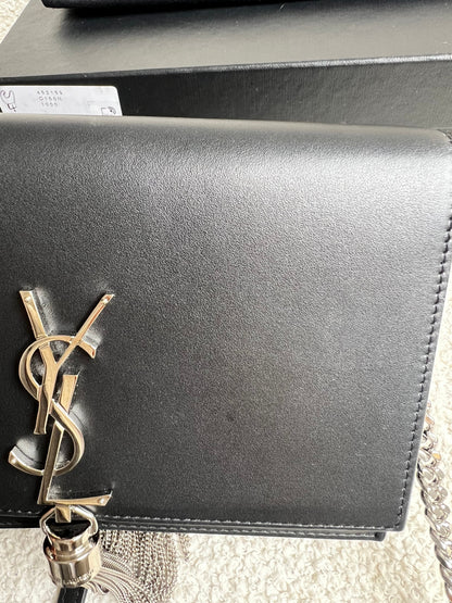 Yves Saint Laurent (YSL) Black Kate Tassel Chain Wallet Silver Hardware (RRP £1,440)