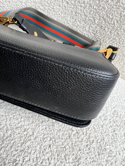 Prada Vitello Phoenix Black Small Leather Crossbody Bag Web Stripe Strap