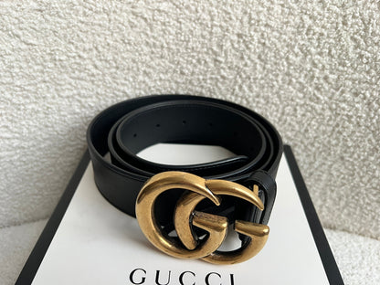 Gucci GG Marmont Black Wide Leather Belt with Shiny Gold Buckle (RRP £410)