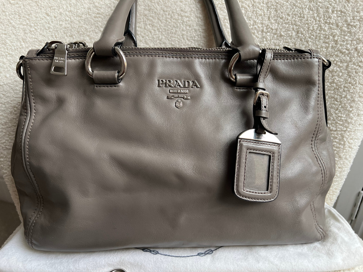 Prada Grey Double Zip Two Way Tote in Grey Soft Calf