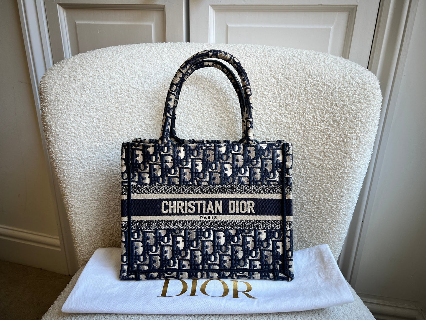 Christian Dior Small Book Tote in Ecru and Blue Dior Oblique Embroidery (RRP £2500)