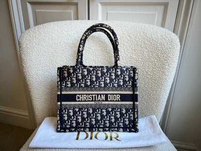 Christian Dior Small Book Tote in Ecru and Blue Dior Oblique Embroidery (RRP £2500)