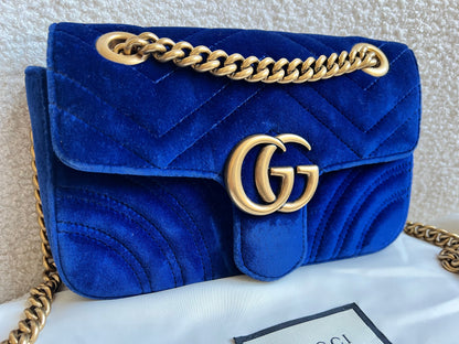 Gucci GG Blue Mini Velvet Marmont Mini Shoulder Bag
