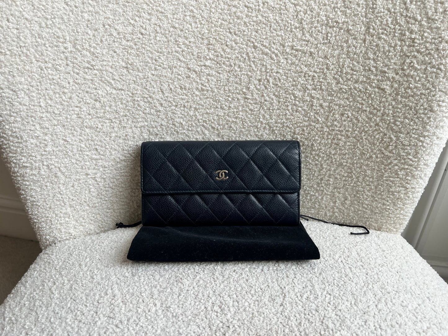 Chanel Navy Caviar Flap Wallet with silver Hardware