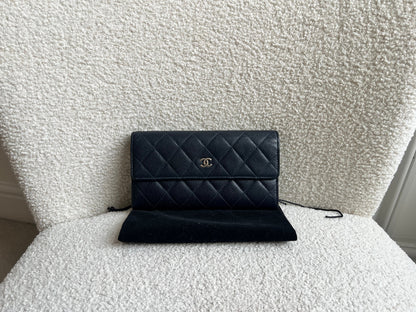 Chanel Navy Caviar Flap Wallet with silver Hardware
