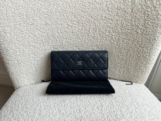 Chanel Navy Caviar Flap Wallet with silver Hardware