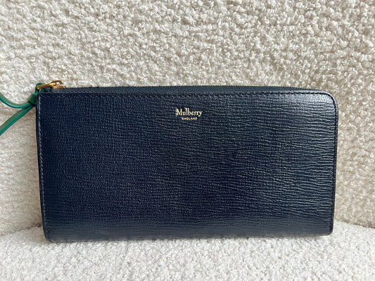 Mulberry Medium Part Around Zip Wallet in Navy and Emerald Printed Goat