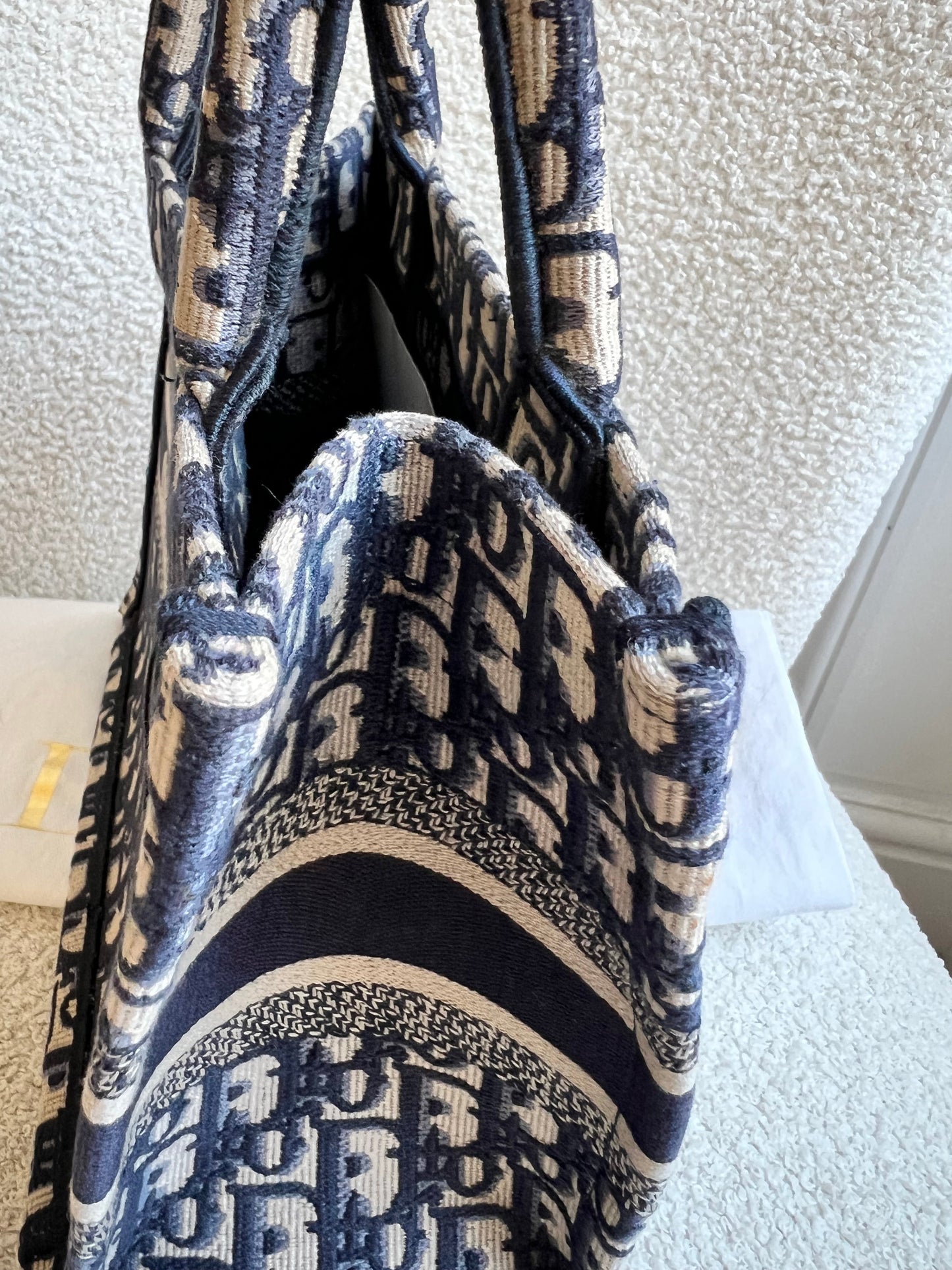Christian Dior Small Book Tote in Ecru and Blue Dior Oblique Embroidery (RRP £2500)