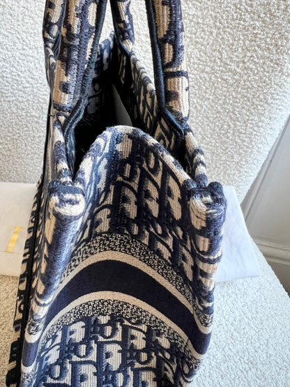 Christian Dior Small Book Tote in Ecru and Blue Dior Oblique Embroidery (RRP £2500)