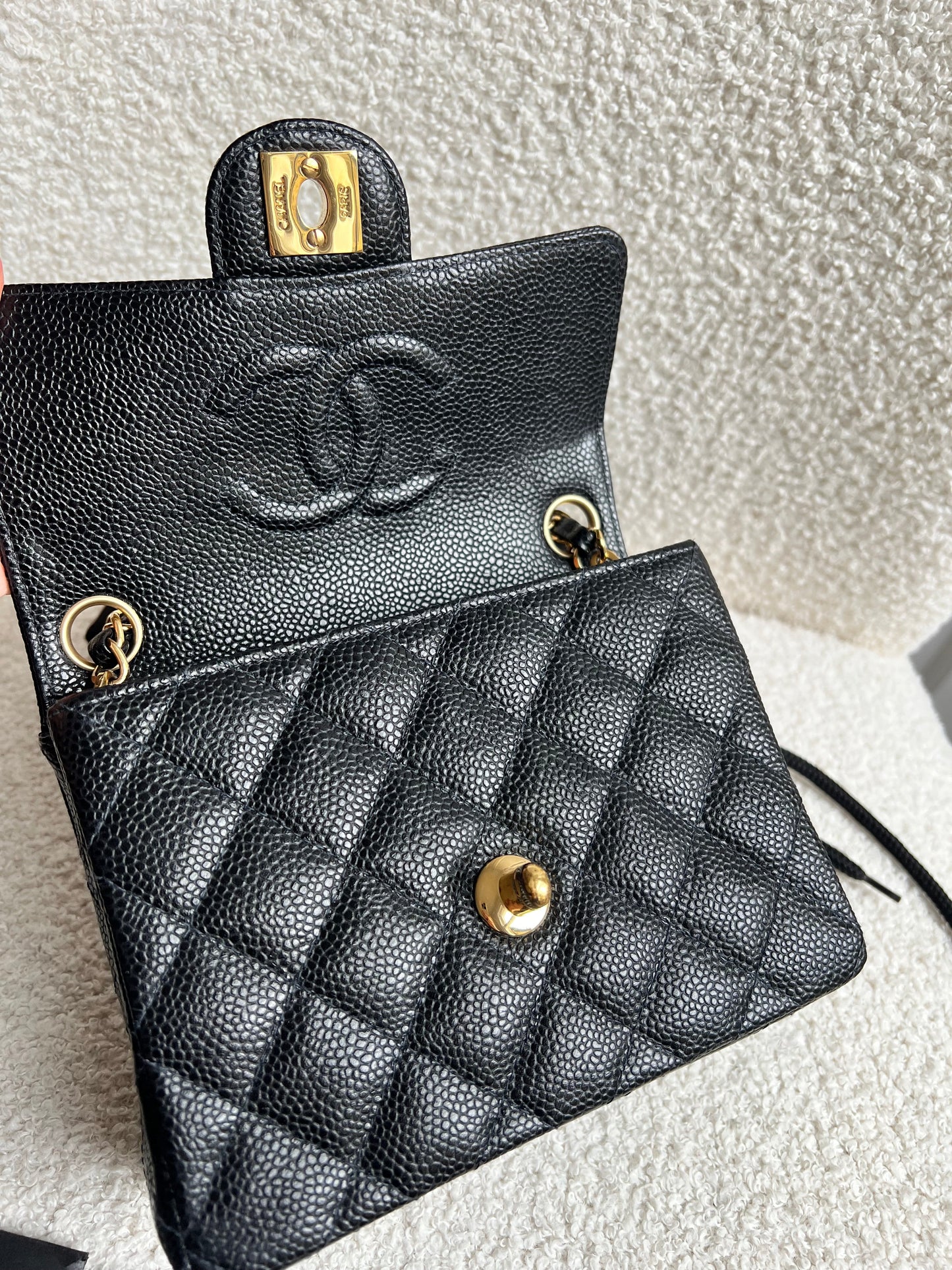 Chanel Square Mini Classic Flap in Black Caviar with gold hardware