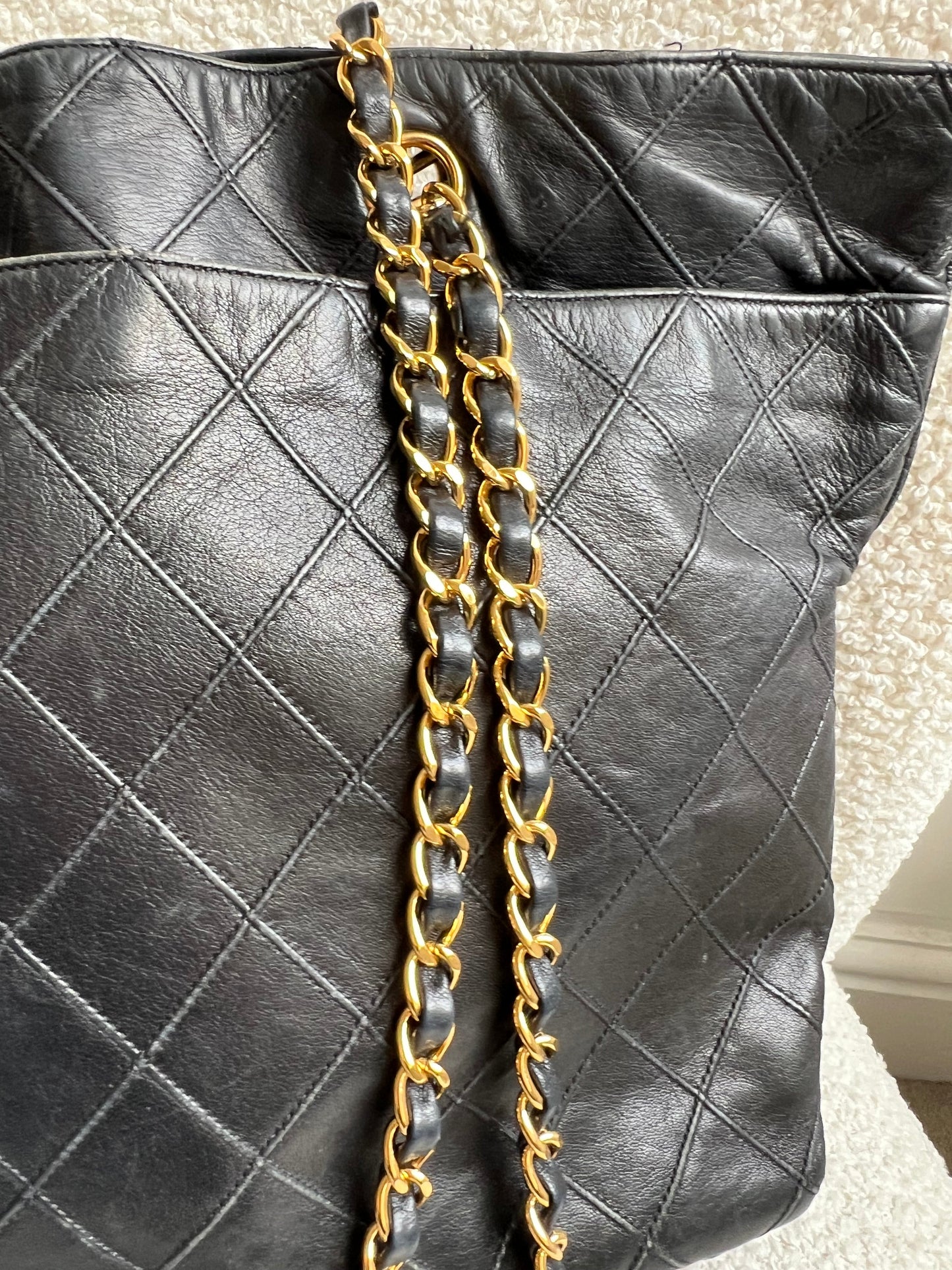 Chanel Vintage Black Lambskin Chain Tote with Gold Hardware