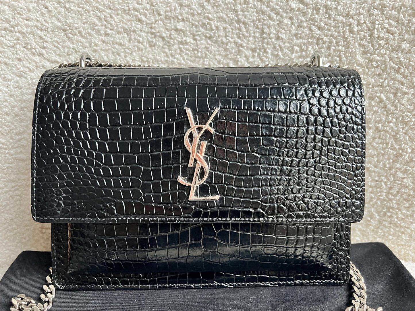 Yves Saint Laurent (YSL) Black Croc Medium Sunset with Silver Hardware (RRP £2,200)