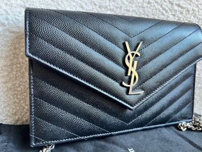 Yves Saint Laurent (YSL) Black Cassandra Envelope Chain Wallet (RRP £870)