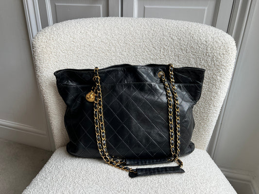 Chanel Vintage Black Lambskin Chain Tote with Gold Hardware