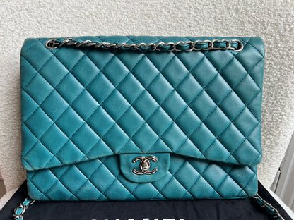 Chanel Maxi Single Flap in Teal Lambskin Silver Hardware