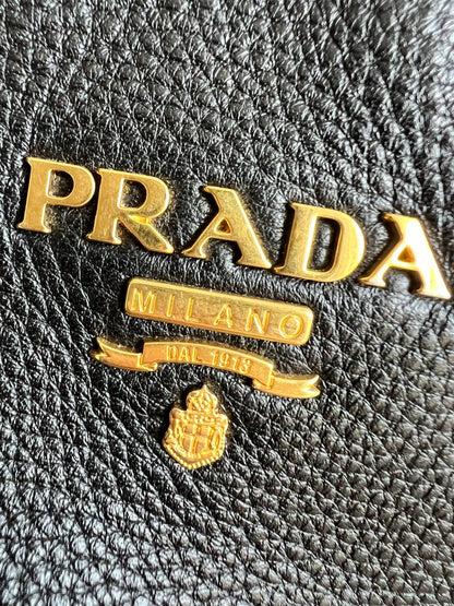 Prada Black Vitello Daino Leather Sacca 2 Manici Hobo Bag