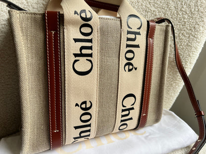 Chloe Small Soft Tan Linen Woody Tote Bag (£890)