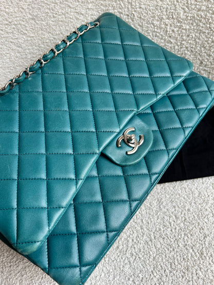 Chanel Maxi Single Flap in Teal Lambskin Silver Hardware