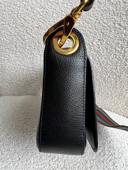 Prada Vitello Phoenix Black Small Leather Crossbody Bag Web Stripe Strap