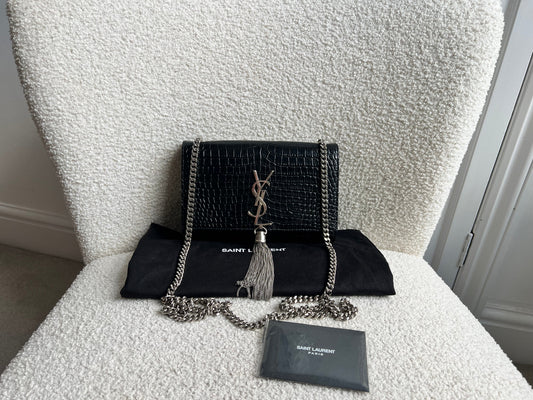 Yves Saint Laurent (YSL) Black Croc Small Kate with Silver Hardware (RRP £1,925)