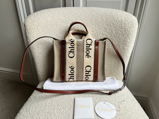 Chloe Small Soft Tan Linen Woody Tote Bag (£890)