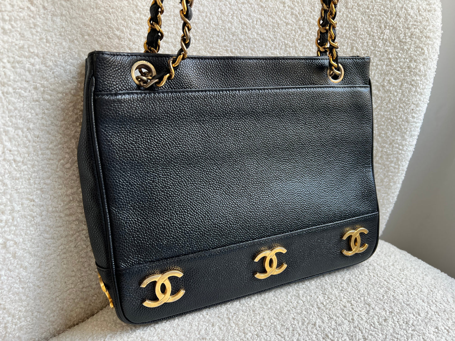 Chanel Vintage Black Caviar Chain Tote with 24k Gold Hardware