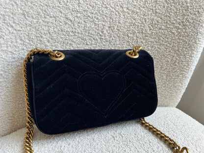 Gucci GG Black Velvet Embellished Marmont Mini Shoulder Bag