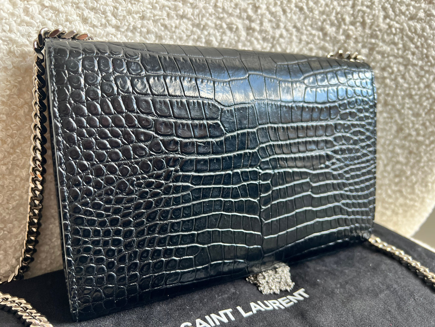 Yves Saint Laurent (YSL) Black Croc Small Kate with Silver Hardware (RRP £1,925)