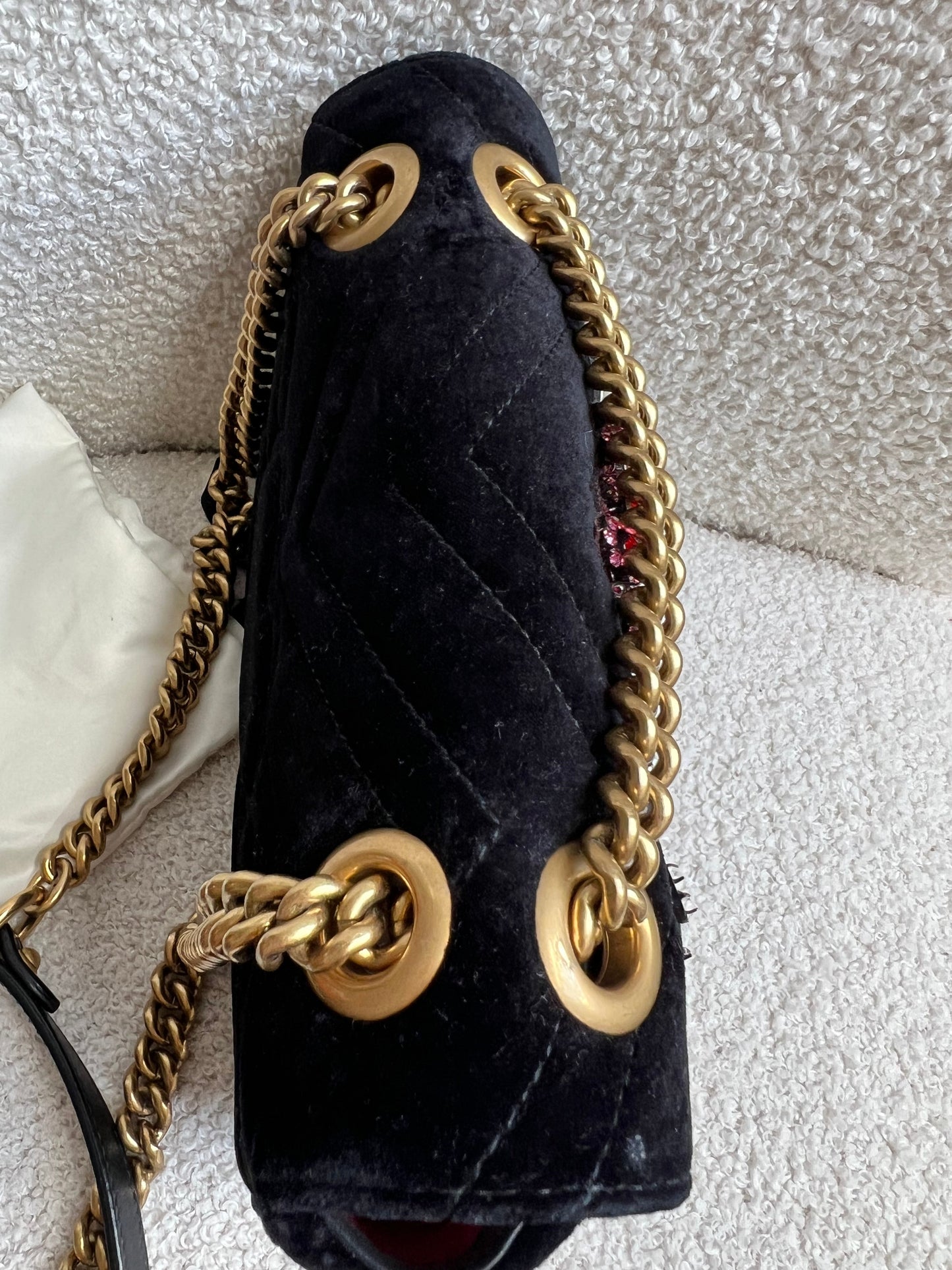 Gucci GG Black Velvet Embellished Marmont Mini Shoulder Bag